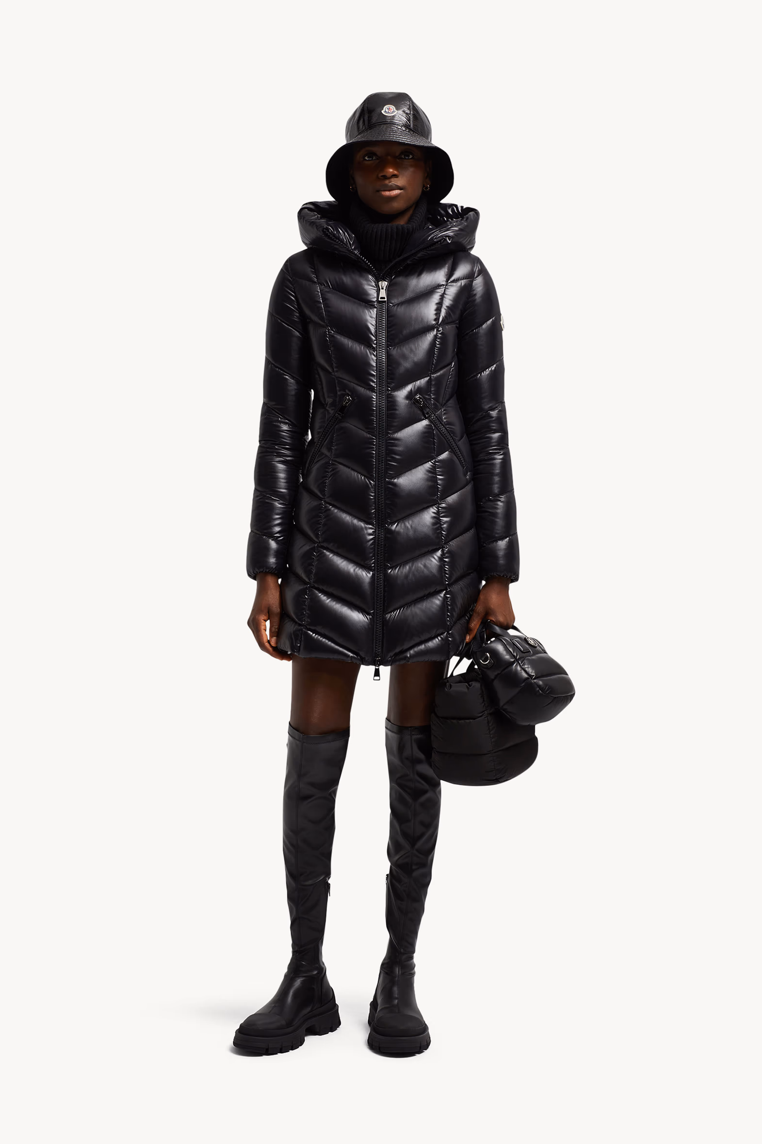 Marus Hooded Geometric-Quilted Long Down Jacket Women Black Moncler 0